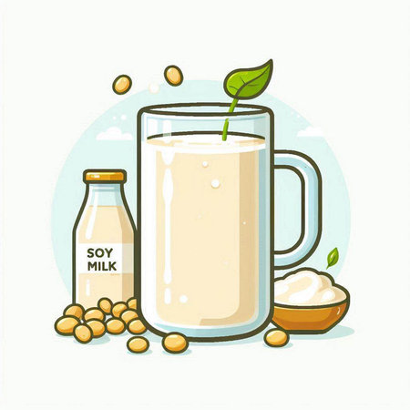 Soy milk in a glass and soybeans. Vector illustration.のイラスト素材