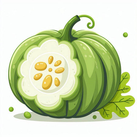 Illustration of a green pumpkin with a slice on a white backgroundのイラスト素材