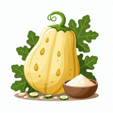 Pumpkin and rice on a white background. Vector illustration.のイラスト素材