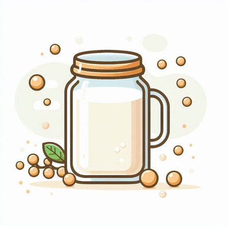 Illustration of a glass jar with milk and berries on a white backgroundのイラスト素材