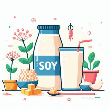 Milk and soy products. Vector illustration in flat cartoon style.のイラスト素材