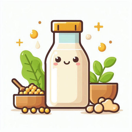 Cute cartoon soy milk bottle with ingredients. Vector flat illustration.のイラスト素材