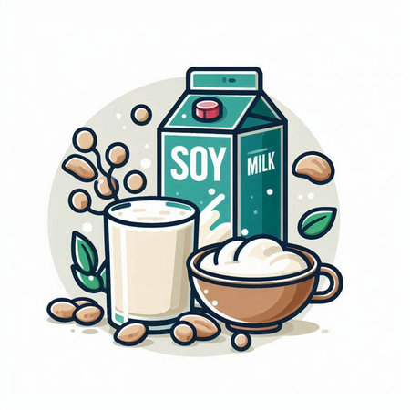 Vector illustration of a set of dairy products. Milk, sour cream, soy milk, almond, soybean.のイラスト素材