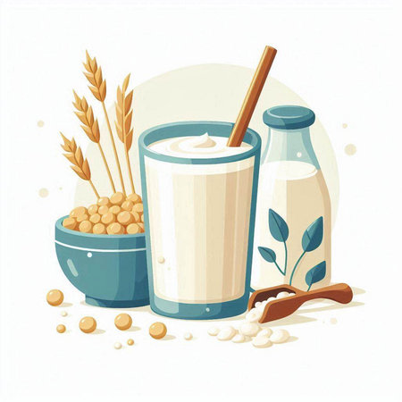 Illustration of a glass of milk and some cereals on a white backgroundのイラスト素材