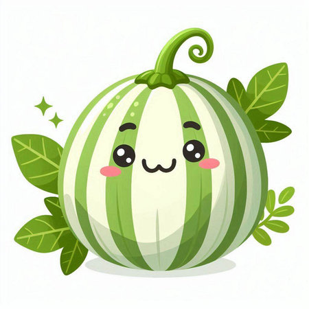 Cute cartoon watermelon character with green leaves. Vector illustration.のイラスト素材