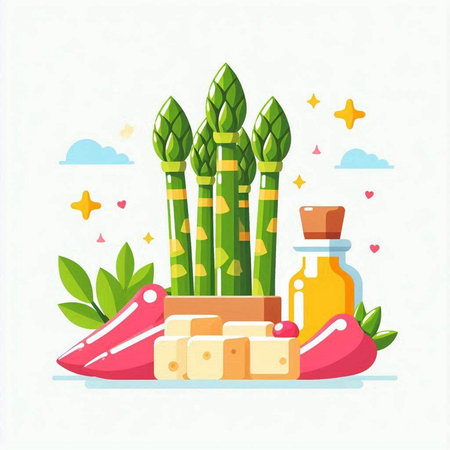 Vector illustration of healthy food with asparagus, cheese, olive oil and honey.のイラスト素材