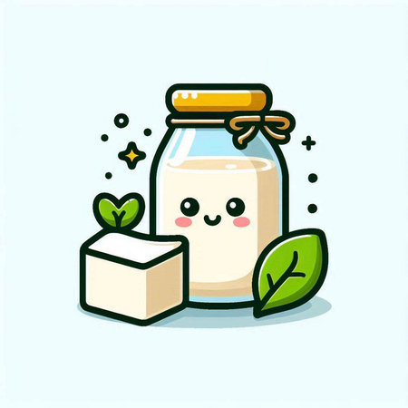 Cute Milk Mascot Character with Healthy Food. Vector Illustration.のイラスト素材