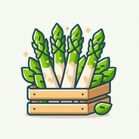 Fresh green asparagus in a wooden box. Vector illustration.のイラスト素材