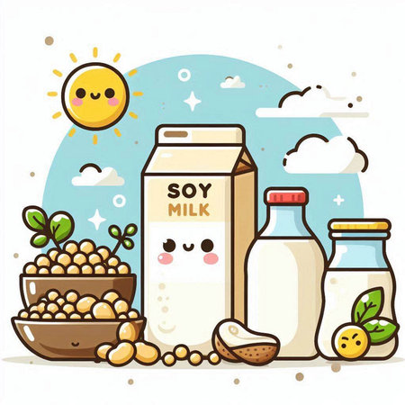Vector illustration of soy milk in a glass bottle with a bowl of soy beans in the backgroundのイラスト素材
