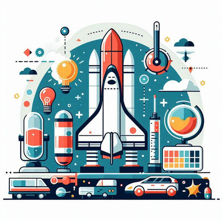 Vector illustration of rocket and spaceship on white background. Flat line art design for web, site, advertising, banner, poster, board and print.のイラスト素材