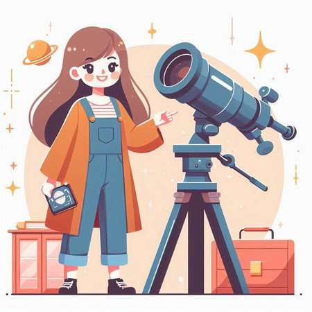 Cute girl looking through telescope. Vector illustration in cartoon style.のイラスト素材