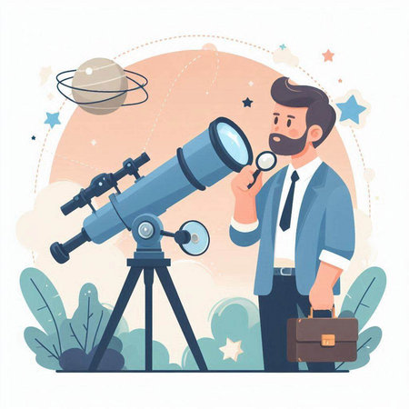 Businessman looking through telescope. Vector illustration in flat cartoon style.のイラスト素材