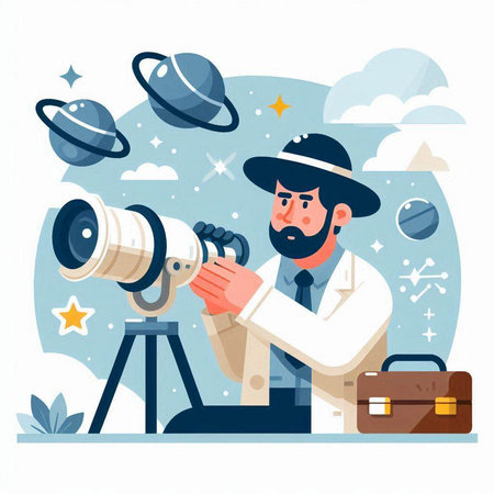 Photographer working in space. Astronaut with telescope. Vector illustrationのイラスト素材
