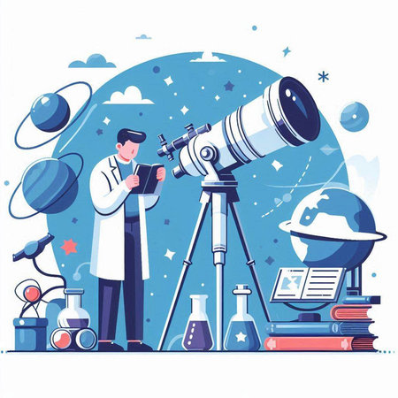 Astronomy, science and research concept. Scientist looking through telescope. Vector illustrationのイラスト素材