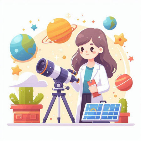 Scientist girl with telescope and solar panels. Astronomy and science concept. Vector illustrationのイラスト素材
