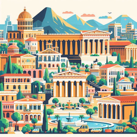 Panorama of Athens, Greece. Vector illustration in flat style.のイラスト素材