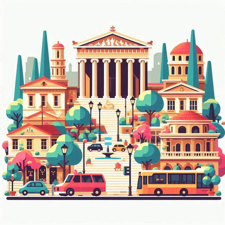 City landscape with ancient buildings, roads, trees and cars. Vector illustrationのイラスト素材