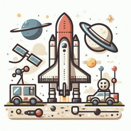 Space rocket with planets, stars and comets. Vector illustration.のイラスト素材