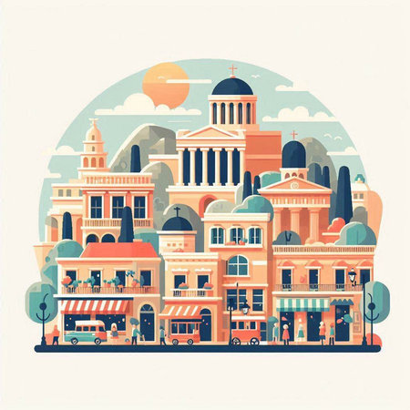 Cityscape of the old town. Vector illustration in flat style.のイラスト素材