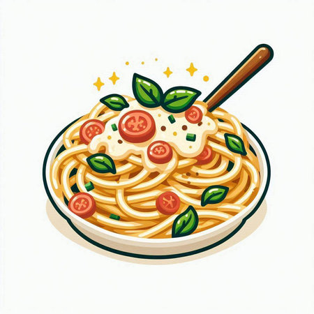 Spaghetti with tomato sauce and basil on white background. Vector illustration.のイラスト素材