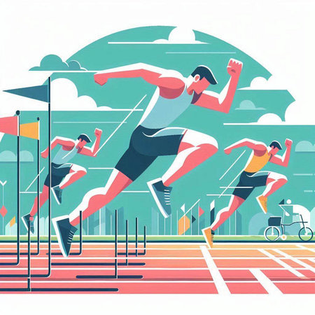 Athletes running on track and field. Vector illustration in flat styleのイラスト素材
