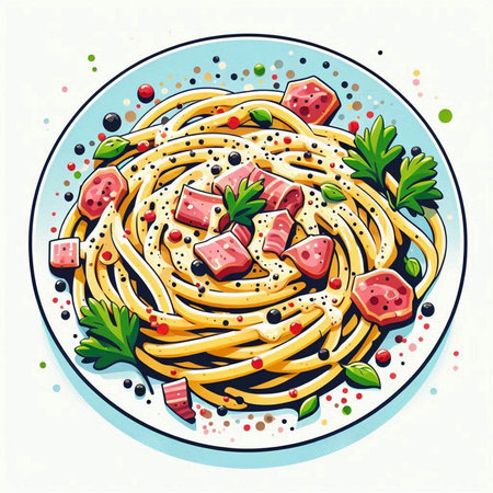 Spaghetti with ham and parsley on a plate. Vector illustration.のイラスト素材