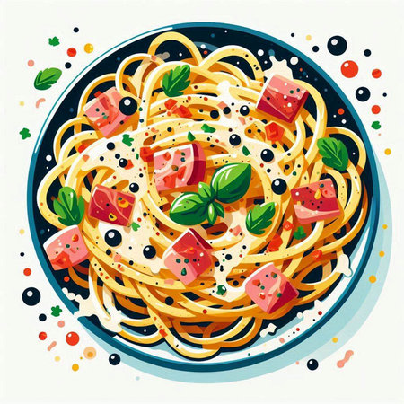 Spaghetti with tomato, mozzarella and basil. Vector illustration.のイラスト素材