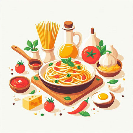 Spaghetti with tomato sauce and ingredients. Vector illustration in flat styleのイラスト素材