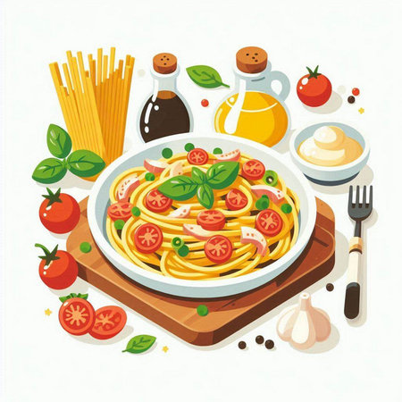 Spaghetti with tomato sauce and basil. Italian cuisine. Vector illustrationのイラスト素材