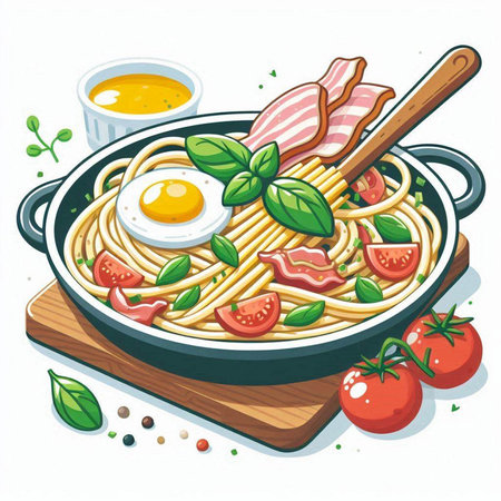 Spaghetti with bacon, egg and herbs in a pan. Vector illustration.のイラスト素材
