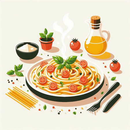 Spaghetti with tomato sauce, basil and olive oil. Vector illustrationのイラスト素材