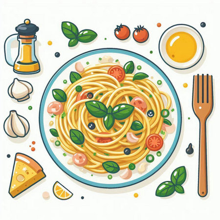 Spaghetti pasta with tomatoes, basil and olive oil. Vector illustrationのイラスト素材