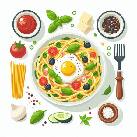 Spaghetti with tomato sauce, egg, olives and basil. Vector illustrationのイラスト素材