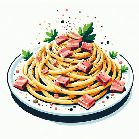 Illustration of spaghetti with tomato sauce, salmon and parsley on white backgroundのイラスト素材