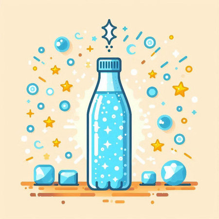 Bottle of water with bubbles and stars. Vector flat illustration.のイラスト素材