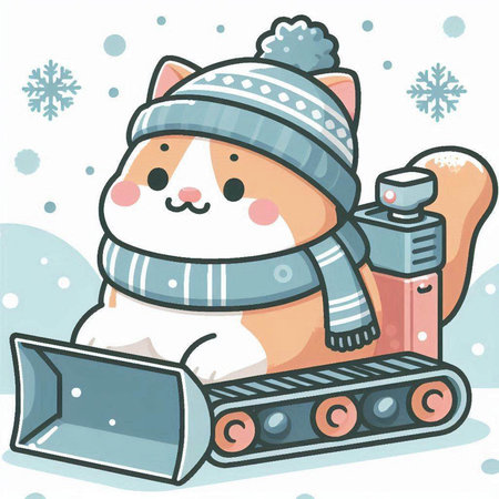 Illustration of a Cute Kitten Wearing a Winter Hat and Scarf Working on a Snowboardのイラスト素材