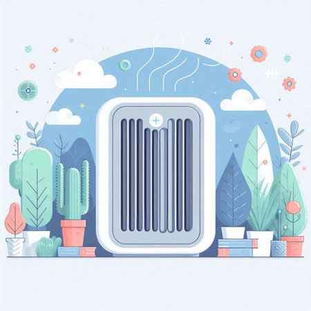 Vector flat style illustration of air purifier in the blue sky with plants.のイラスト素材
