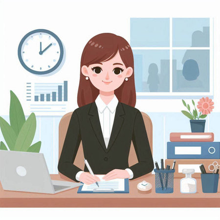Business woman working at office. Vector illustration of businesswoman working at her desk.のイラスト素材