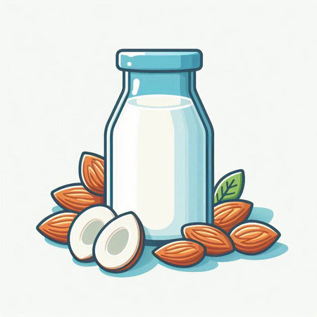 Almond milk in a glass bottle and whole almonds. Vector illustration.のイラスト素材