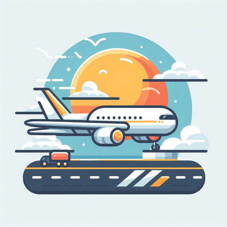 Airplane on the road. Vector illustration in flat design style.のイラスト素材