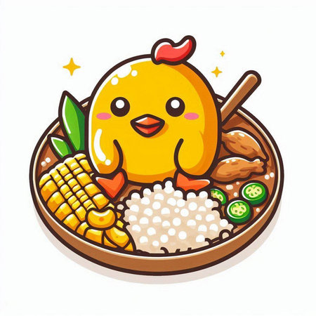 Cute chicken with rice bowl on white background. Vector illustration.のイラスト素材