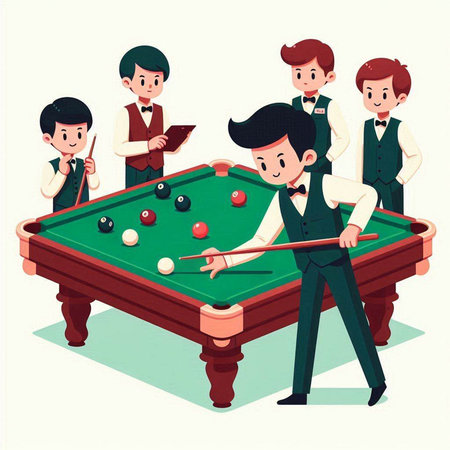 Men playing billiards. Vector illustration in a flat style.のイラスト素材