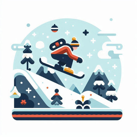 Snowboarder skiing downhill in mountains. Flat style vector illustration.のイラスト素材