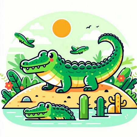 Crocodile in the park. Cute cartoon vector illustration.のイラスト素材
