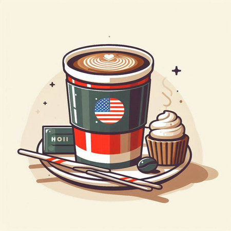 Cup of coffee with USA flag. Vector illustration in cartoon style.のイラスト素材