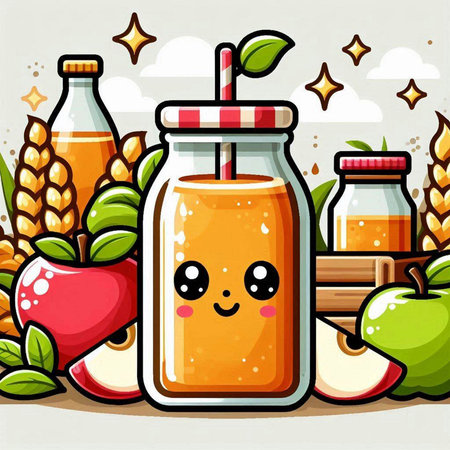 Cartoon apple juice in a glass jar. Vector illustration of a healthy drink.のイラスト素材