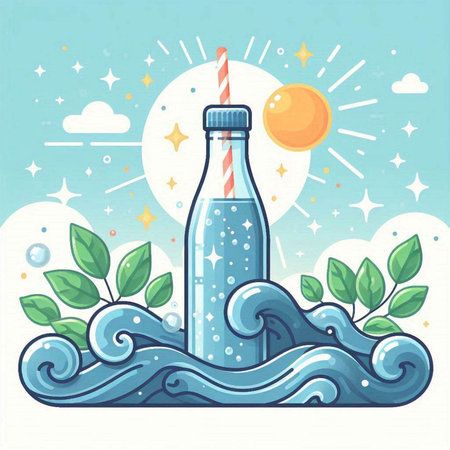 Vector illustration of a bottle of water on a background of the sea.のイラスト素材