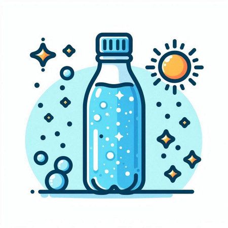 Water bottle with bubbles and sun. Hand drawn vector illustration in doodle style.のイラスト素材