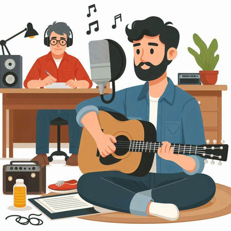 Man playing guitar and singing at home. Flat style vector illustration.のイラスト素材