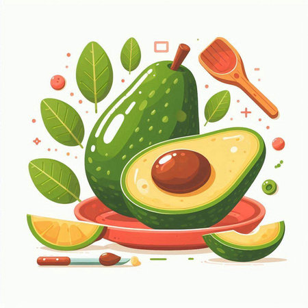 Avocado and ingredients for cooking. Vector illustration on white background.のイラスト素材